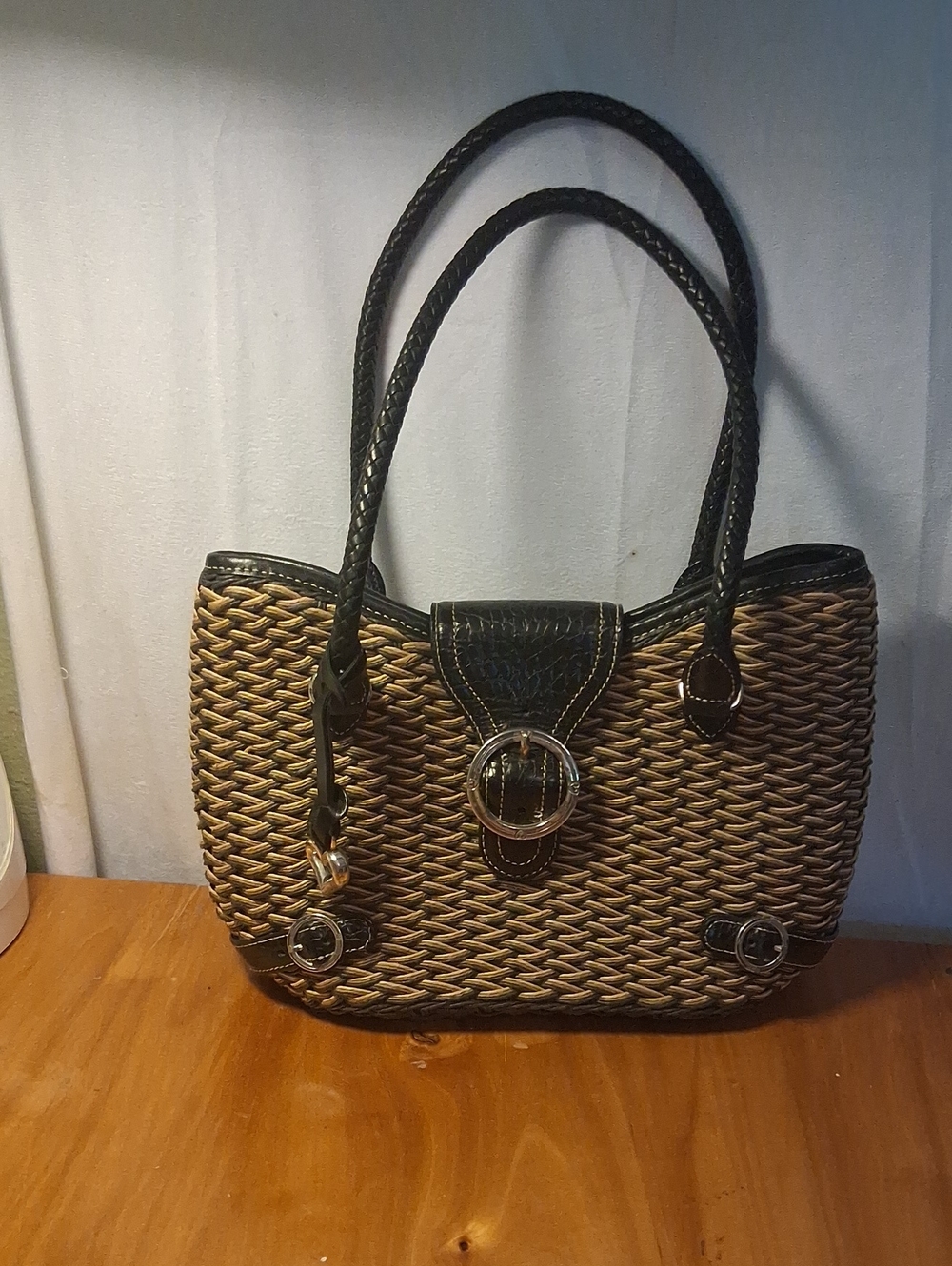 Brighton Woven Straw Tote Bag with Black Trim